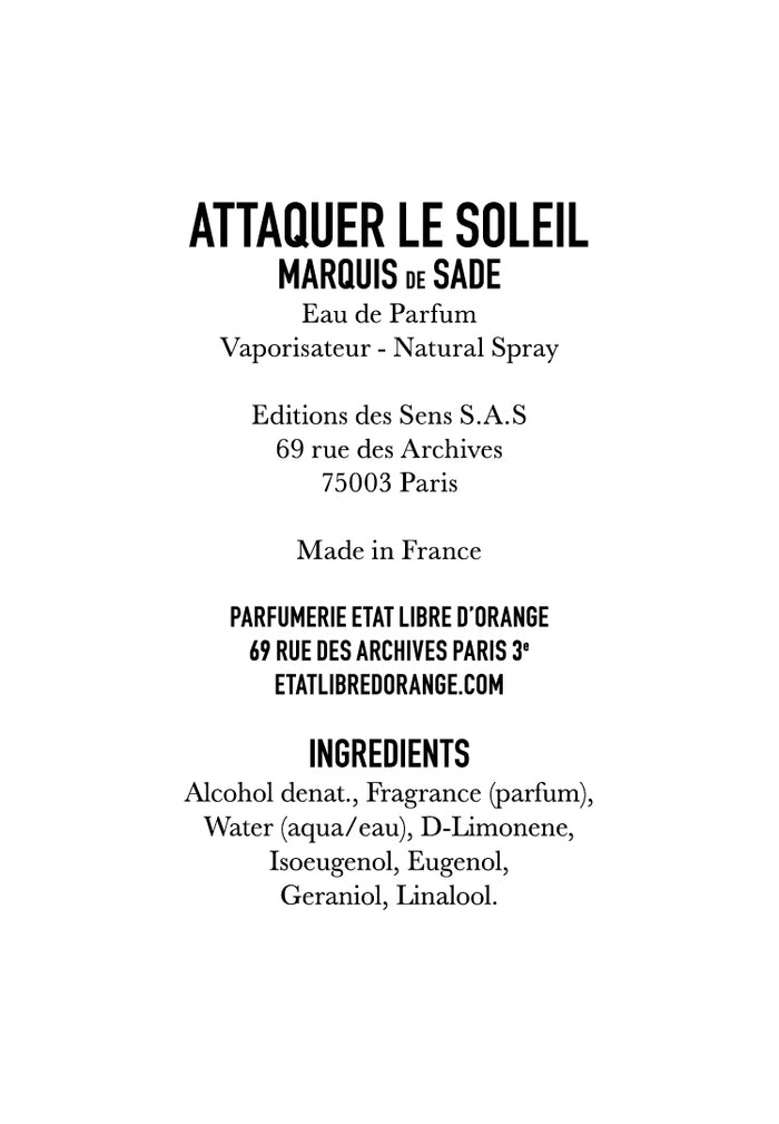 ATTAQUER LE SOLEIL MARQUIS DE SADE – US Etat Libre d'Orange